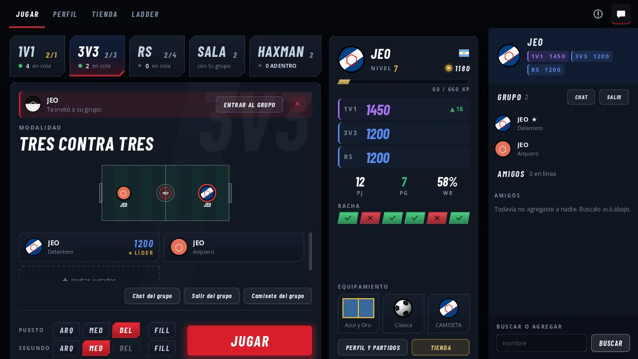 Pantalla de ranked con un grupo de 3v3 armado