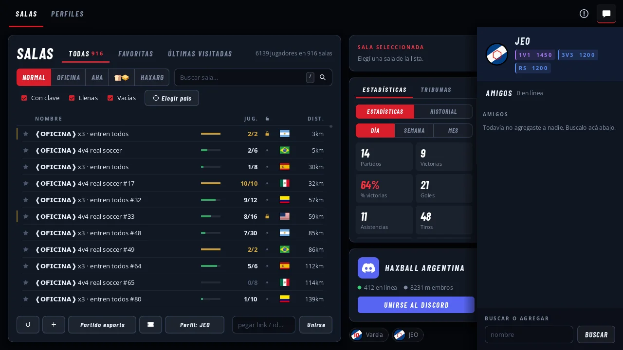 Lista de salas de Haxball con estadísticas de la sala elegida