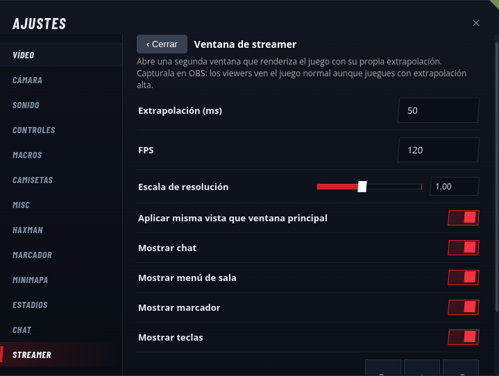 Ajustes de la ventana de streamer